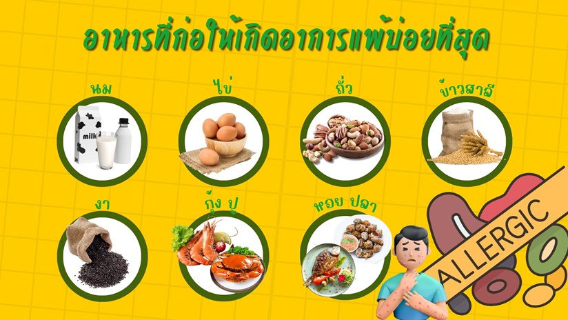 อาหารที่ก่อให้เกิดอาการแพ้บ่อยที่สุด เช่น นม ไข่ ถั่ว ข้าวสาลี งา และอาหารทะเล